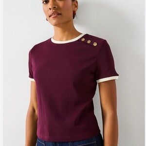 Mango Burgundy Short Sleeve Top with Button Accents